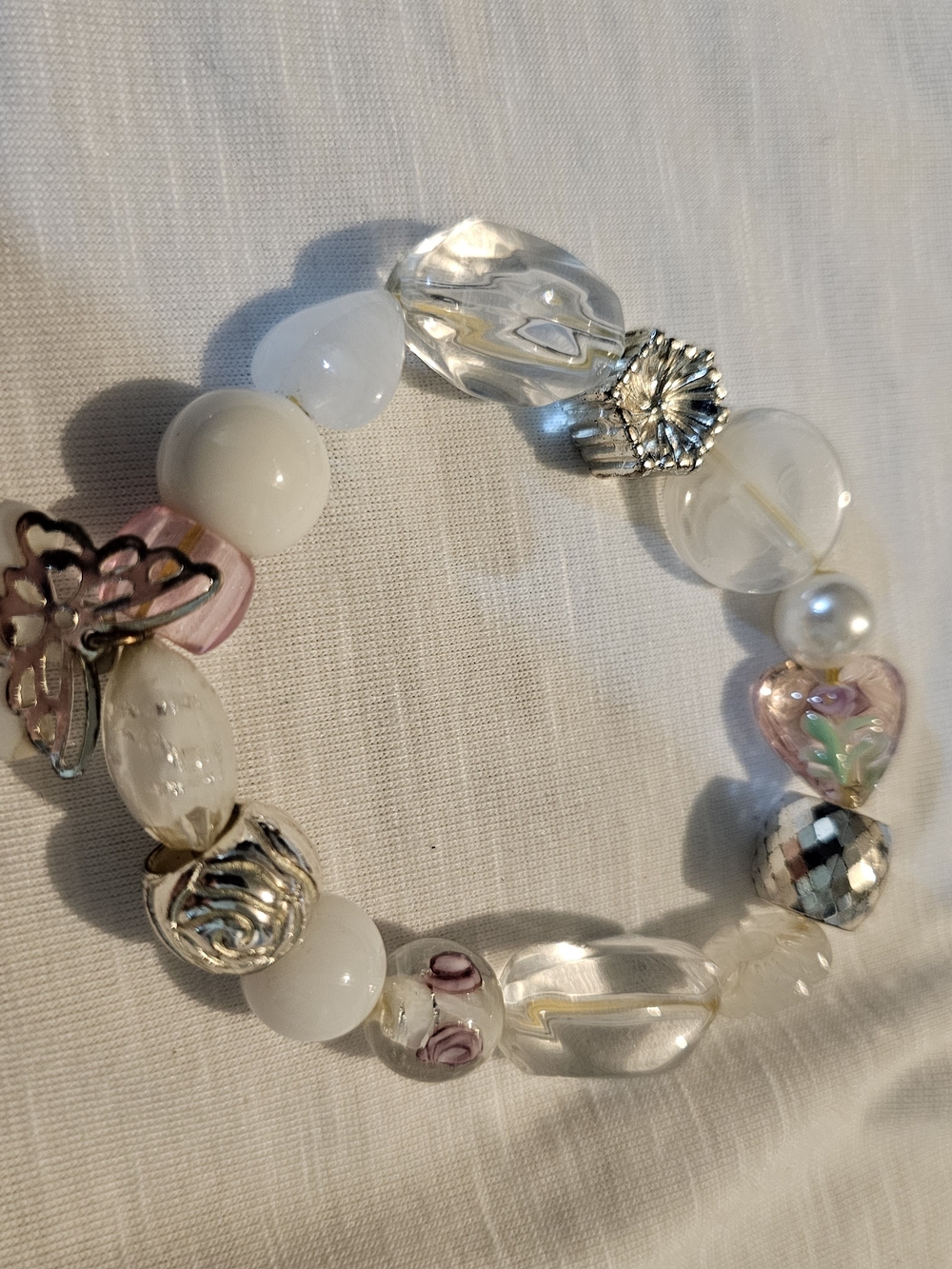 Delicate White & Pink Glass Bead Stretch Bracelet with Heart Charm